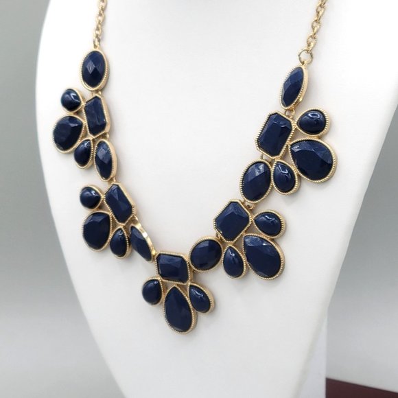 Womens Gold Tone Link Statement Necklace Dark Blue Acrylic Cabochon Beads - Picture 3 of 6